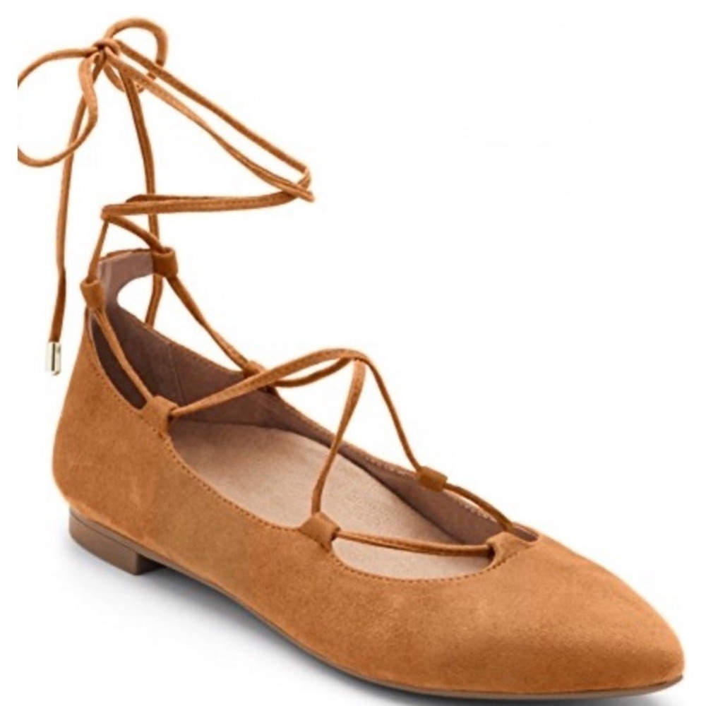 Vionic Womens Lucinda Pointed Toe Suede Ballet Flats Lace Up Arch Support Tan 8